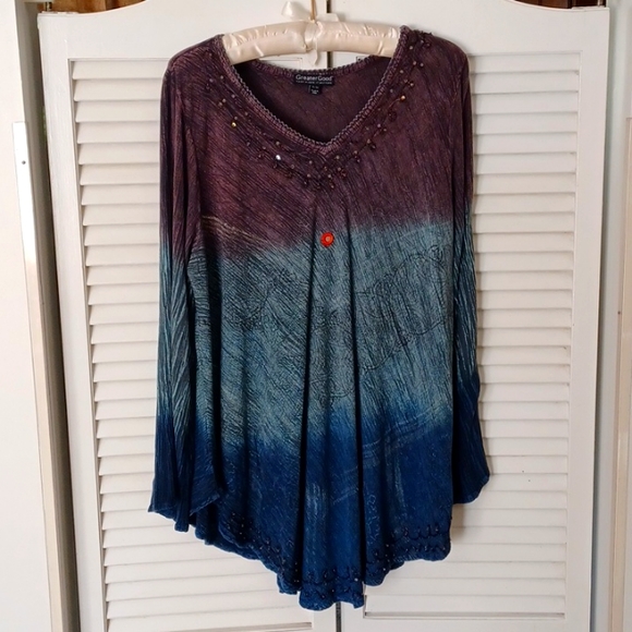 Greater Good Tops - Purple/Blue Dip Dye Tunic - Size 1X/2X - Greater Good - Boho